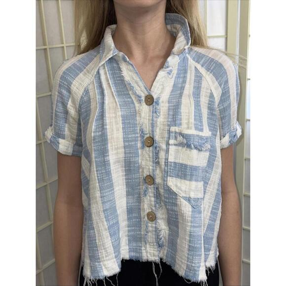 We the Free Classic Boho Beach Gauze Cropped Fringe Striped Button Blouse Small - Picture 5 of 15